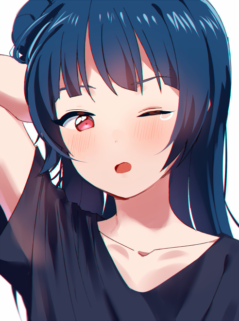 1girl ;o arm_behind_head bangs black_shirt blue_hair blush collarbone long_hair looking_at_viewer love_live! love_live!_sunshine!! one_eye_closed sellel shirt short_sleeves side_bun simple_background solo t-shirt teardrop tsushima_yoshiko upper_body violet_eyes white_background