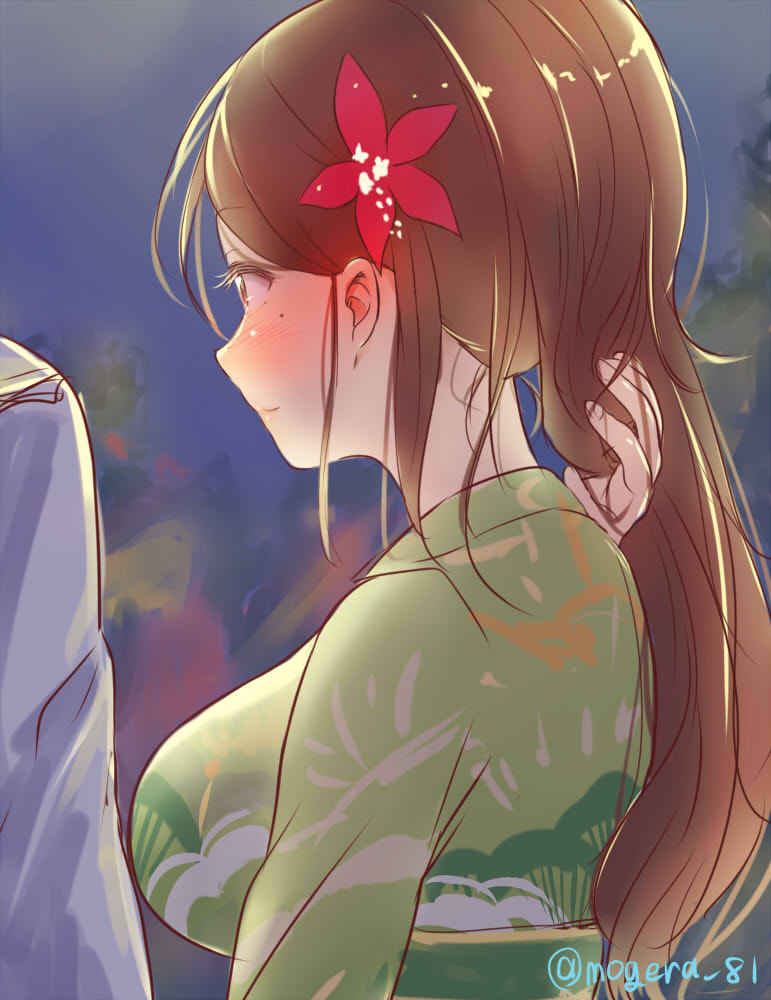1girl amagi_(kantai_collection) breasts brown_eyes brown_hair camouflage from_behind hair_ornament high_ponytail japanese_clothes kantai_collection kimono large_breasts leaf_hair_ornament long_hair looking_away mogera81 mole mole_under_eye nape night out_of_frame outdoors sidelocks sketch twitter_username upper_body wide_ponytail