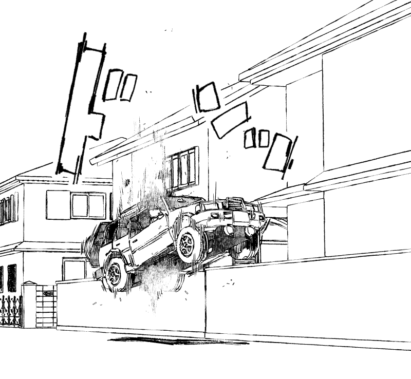 1girl abduction commentary_request flying ground ground_vehicle lineart long_hair magical_girl monochrome motor_vehicle original road sakifox