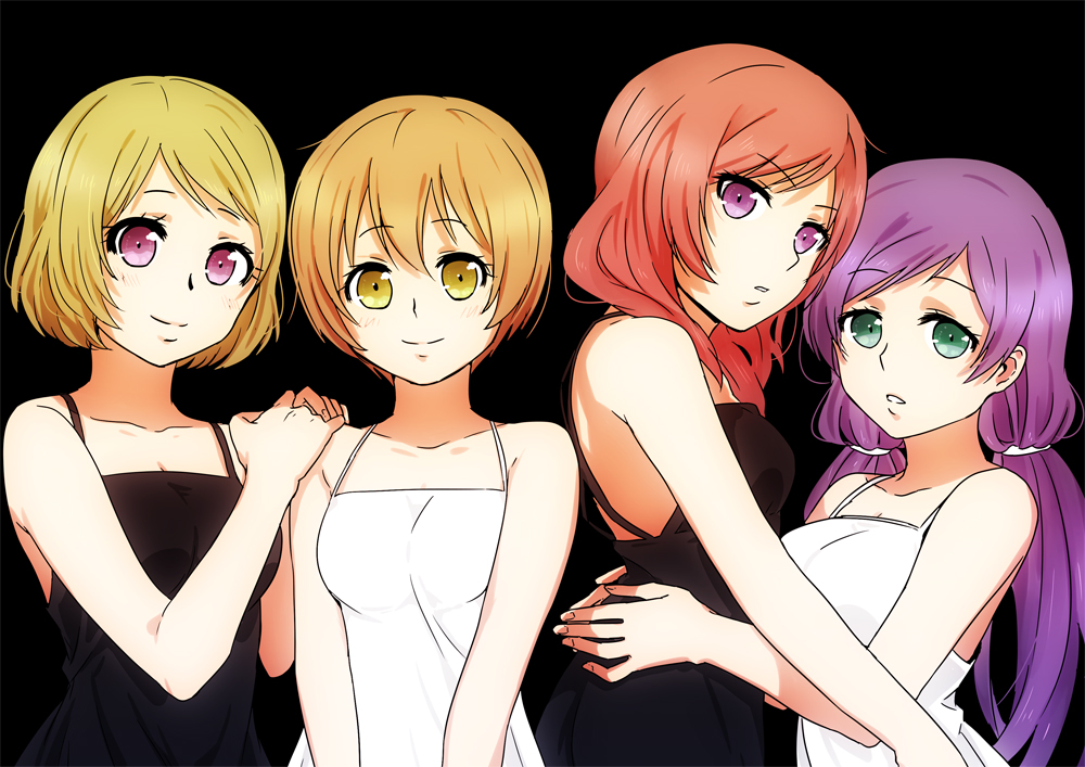 4girls aqua_eyes arm_around_waist bangs bare_shoulders black_background breasts brown_hair eyebrows_visible_through_hair hands_on_another's_shoulders hoshizora_rin koizumi_hanayo long_hair looking_at_viewer love_live! love_live!_school_idol_project low_twintails medium_breasts medium_hair multiple_girls nishikino_maki purple_hair redhead short_hair simple_background sleeveless smile taka877 toujou_nozomi twintails violet_eyes yellow_eyes