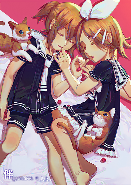 1boy 1girl bangs barefoot berries black_dress black_shirt black_shorts blonde_hair bow brother_and_sister cat closed_eyes collar commentary dress feet_out_of_frame finger_to_another's_mouth food frilled_dress frills fruit hair_bow hair_ornament hairclip holding holding_food holding_fruit kagamine_len kagamine_rin lipstick lying makeup matching_outfit necktie on_back on_side pinky_out sailor_collar sailor_dress sailor_shirt shirt short_hair short_ponytail shorts siblings smile spiky_hair swept_bangs twins vocaloid w.r.b white_bow white_collar white_neckwear
