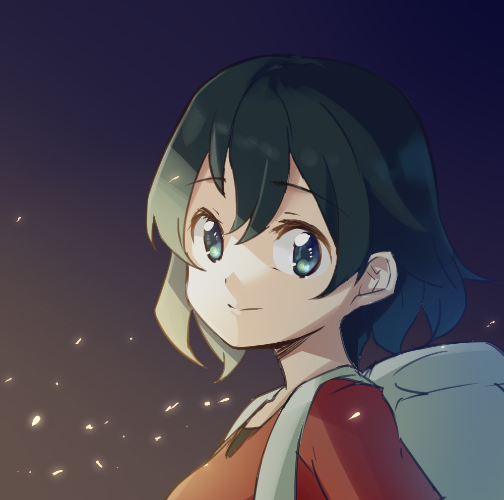 1girl backpack bag bangs bell blue_eyes eyebrows_visible_through_hair from_side green_hair hair_bell hair_ornament kaban_(kemono_friends) kemono_friends looking_at_viewer looking_to_the_side portrait red_shirt saiste scene_reference shirt short_hair smile solo