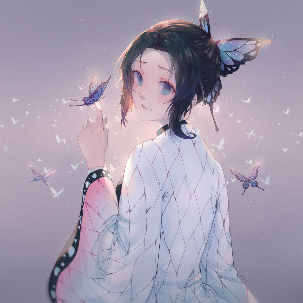 1girl animal_print back bangs black_hair blue_eyes bug butterfly butterfly_hair_ornament butterfly_on_finger butterfly_print coat forehead gradient_hair hair_ornament haori insect japanese_clothes kimetsu_no_yaiba kochou_shinobu lips long_sleeves looking_at_viewer looking_back multicolored_hair parted_bangs purple_background purple_hair short_hair simple_background solo suketto_0112 two-tone_hair uniform upper_body wide_sleeves