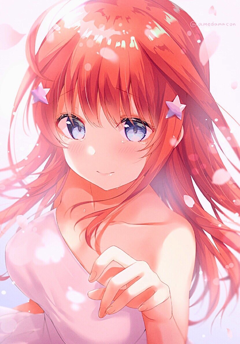 1girl ahoge amedamacon bangs bare_arms bare_shoulders blue_eyes blush breasts collarbone commentary_request dress eyebrows_visible_through_hair fingernails go-toubun_no_hanayome grey_background hair_between_eyes hair_ornament hand_up long_hair looking_at_viewer medium_breasts nakano_itsuki petals red_eyes sidelocks solo star star_hair_ornament strapless strapless_dress tears twitter_username very_long_hair white_dress