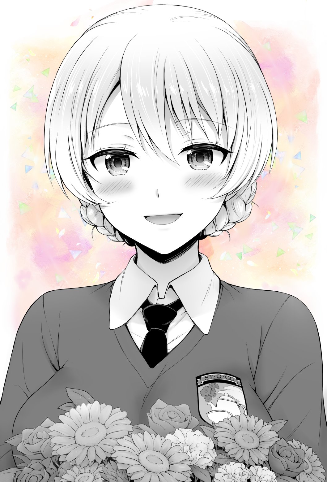 1girl bangs blush braid chacharan darjeeling emblem flower girls_und_panzer greyscale highres looking_at_viewer monochrome necktie open_mouth school_uniform smile solo st._gloriana's_(emblem) st._gloriana's_school_uniform sweater tied_hair