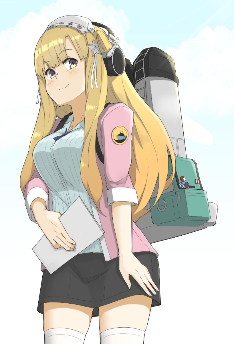 1girl alternate_costume badge bag bigkwl black_skirt blazer blonde_hair blue_eyes blue_shirt blue_sky breasts clouds commentary_request cowboy_shot double_bun fletcher_(kantai_collection) hair_ornament hairband headphones highres jacket kantai_collection large_breasts long_hair machinery pink_blazer remodel_(kantai_collection) shirt skirt sky smile solo standing star star_hair_ornament striped striped_shirt thigh-highs white_legwear