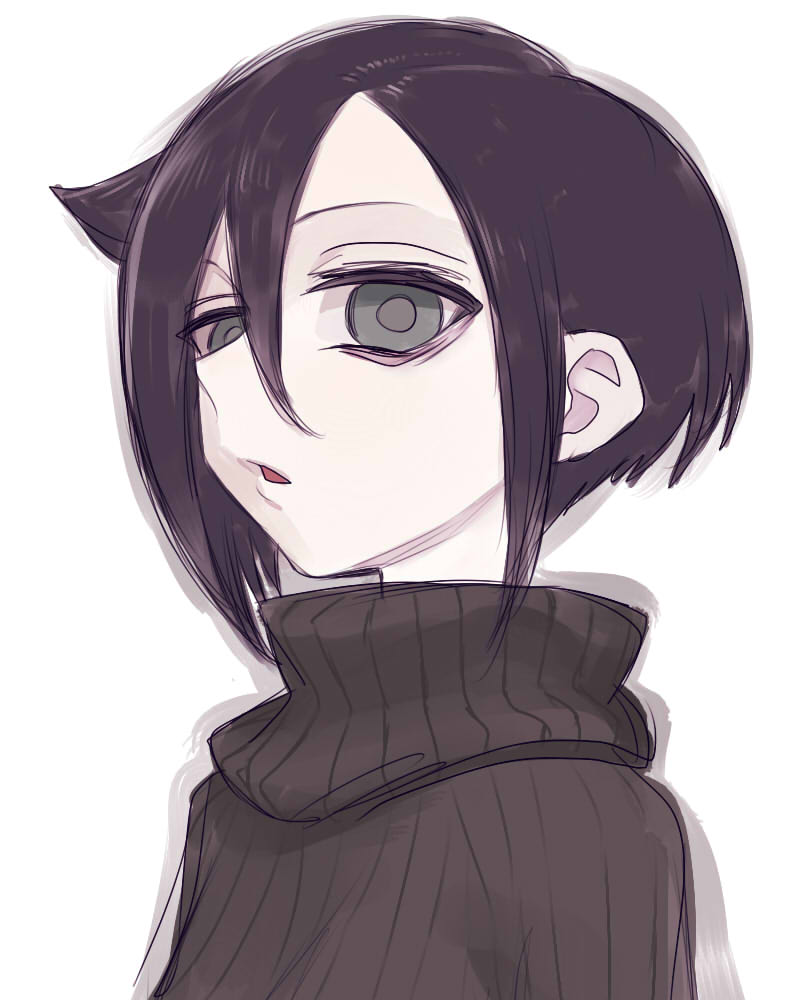 1girl alternate_hair_length alternate_hairstyle black_hair green_eyes hair_between_eyes koma_neko kuroki_tomoko looking_at_viewer open_mouth short_hair sidelocks solo sweater turtleneck turtleneck_sweater watashi_ga_motenai_no_wa_dou_kangaetemo_omaera_ga_warui! white_background