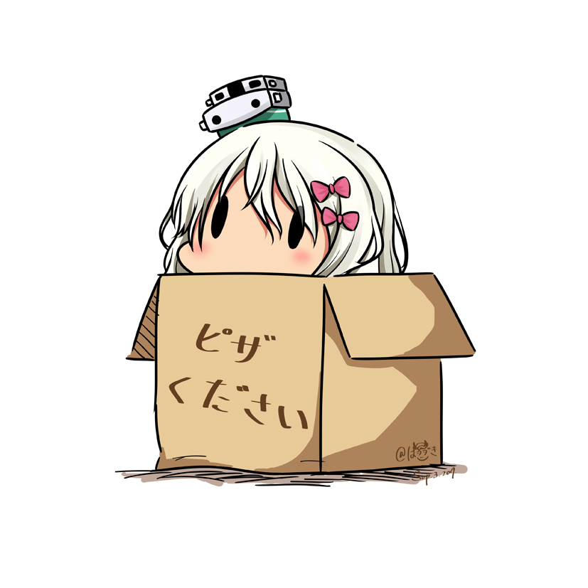 1girl bow box cardboard_box dated grecale_(kantai_collection) hair_ornament hairclip hat hatsuzuki_527 in_box in_container kantai_collection long_hair mini_hat pink_bow silver_hair simple_background solid_oval_eyes solo translated twitter_username white_background white_headwear