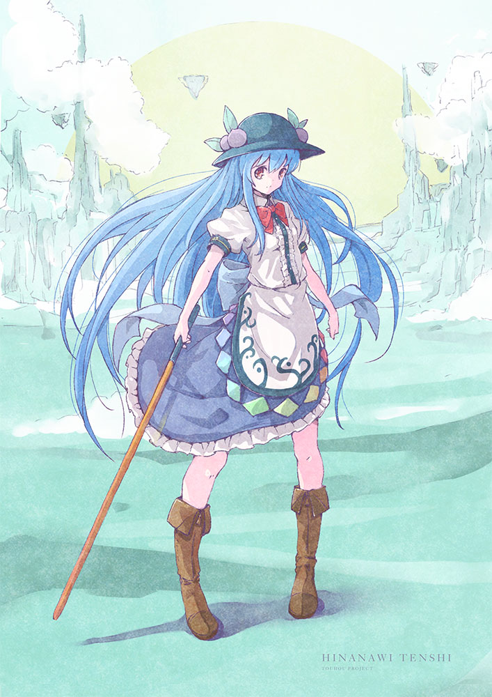1girl back_bow black_headwear blue_bow blue_hair blue_skirt boots bow brown_footwear character_name clouds commentary food fruit hat hinanawi_tenshi holding holding_sword holding_weapon keystone long_hair peach red_bow red_eyes satyuas shirt short_sleeves skirt solo sword sword_of_hisou touhou very_long_hair weapon white_shirt