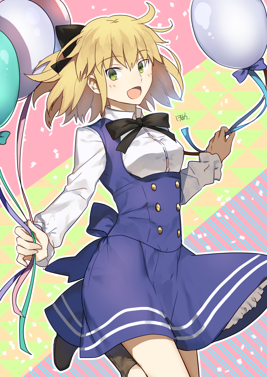 1girl ahoge alternate_costume artoria_pendragon_(all) balloon black_bow black_ribbon blonde_hair blue_dress blue_ribbon blush bow breasts brown_footwear buttons commentary_request dress eyebrows_visible_through_hair fate/grand_order fate/stay_night fate_(series) green_eyes hair_between_eyes hair_bow hair_ornament hair_ribbon heroic_spirit_festival_outfit highres holding holding_balloon long_sleeves looking_at_viewer medium_breasts nikame open_mouth ribbon saber short_hair signature smile solo