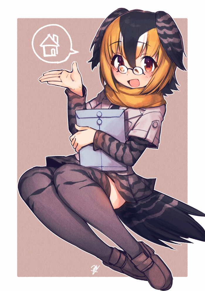 1girl :d bangs bird_tail bird_wings black_hair blonde_hair blush brown_footwear campo_flicker_(kemono_friends) eyebrows_visible_through_hair full_body glasses grey_hair hair_between_eyes hatagaya head_wings kemono_friends loafers long_sleeves looking_at_viewer multicolored_hair necktie open_mouth outline package pleated_skirt print_legwear print_skirt print_sleeves red_eyes scarf shoes short_hair short_over_long_sleeves short_sleeves skirt smile solo speech_bubble spoken_object thigh-highs white_outline wings yellow_scarf zettai_ryouiki