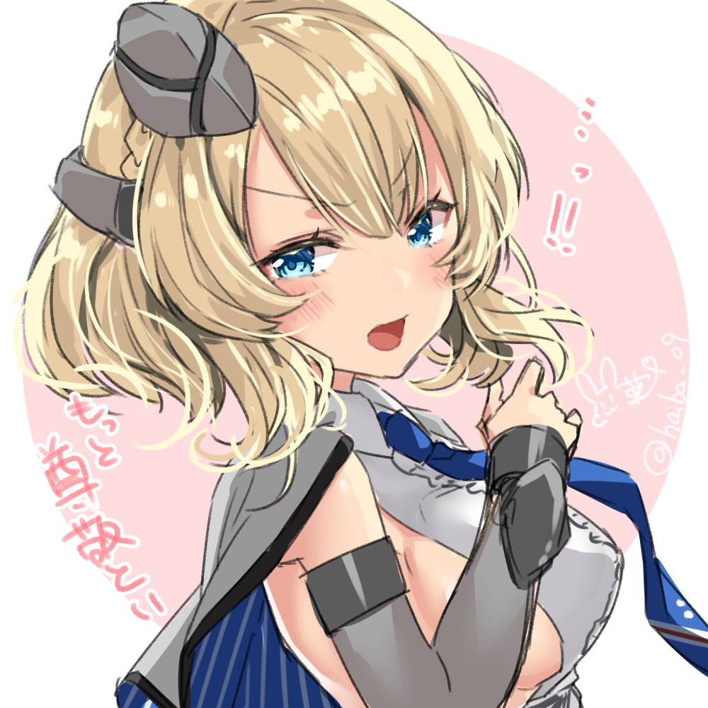 1girl blonde_hair blue_eyes blue_neckwear blush breasts capelet colorado_(kantai_collection) elbow_gloves eyebrows_visible_through_hair garrison_cap gloves gradient gradient_background grey_headwear haiba_09 hair_between_eyes hat headgear kantai_collection large_breasts necktie open_mouth shirt short_hair side_braids sideboob sleeveless solo translated two-tone_background white_shirt