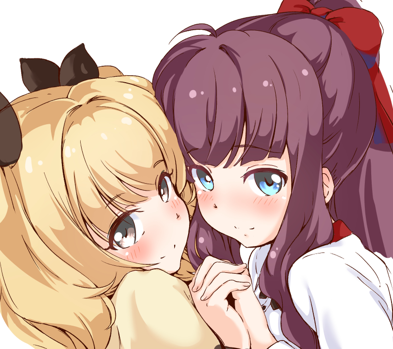 2girls black_eyes black_ribbon blonde_hair blue_eyes blush bow brown_hair closed_mouth dutch_angle eyebrows_visible_through_hair from_side hair_bow hair_ribbon holding_hands iijima_yun looking_at_viewer lsizessize multiple_girls new_game! ponytail portrait red_bow ribbon shirt smile takimoto_hifumi white_background white_shirt