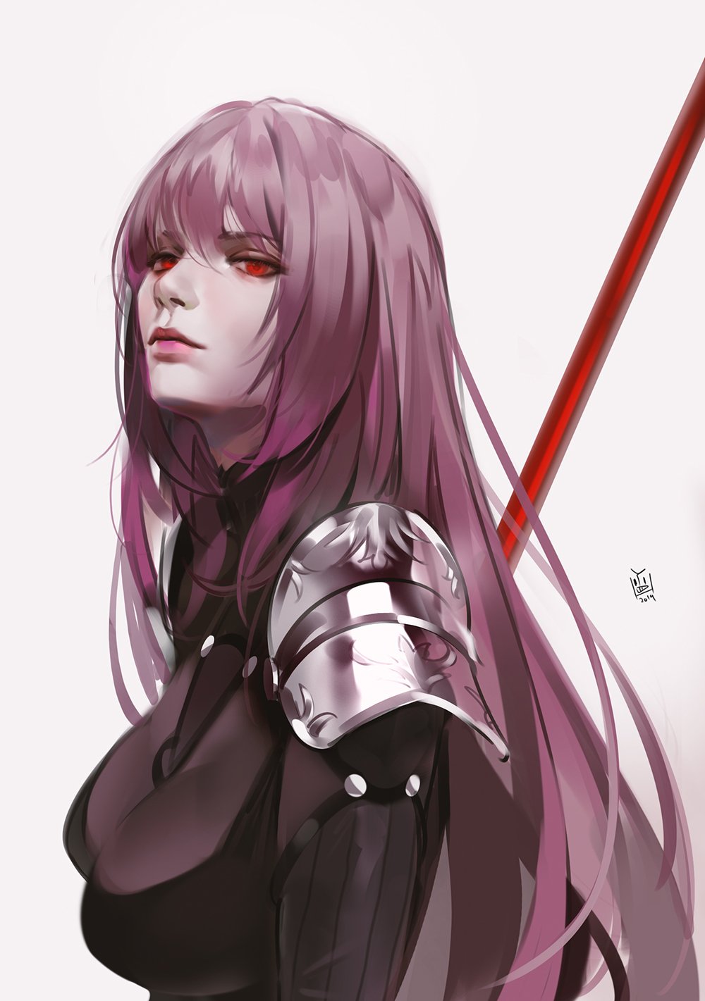 bodysuit fate/grand_order fate_(series) gae_bolg highres lips looking_at_viewer pauldrons polearm purple_bodysuit red_eyes scathach_(fate)_(all) scathach_(fate/grand_order) spear upper_body weapon yang-do