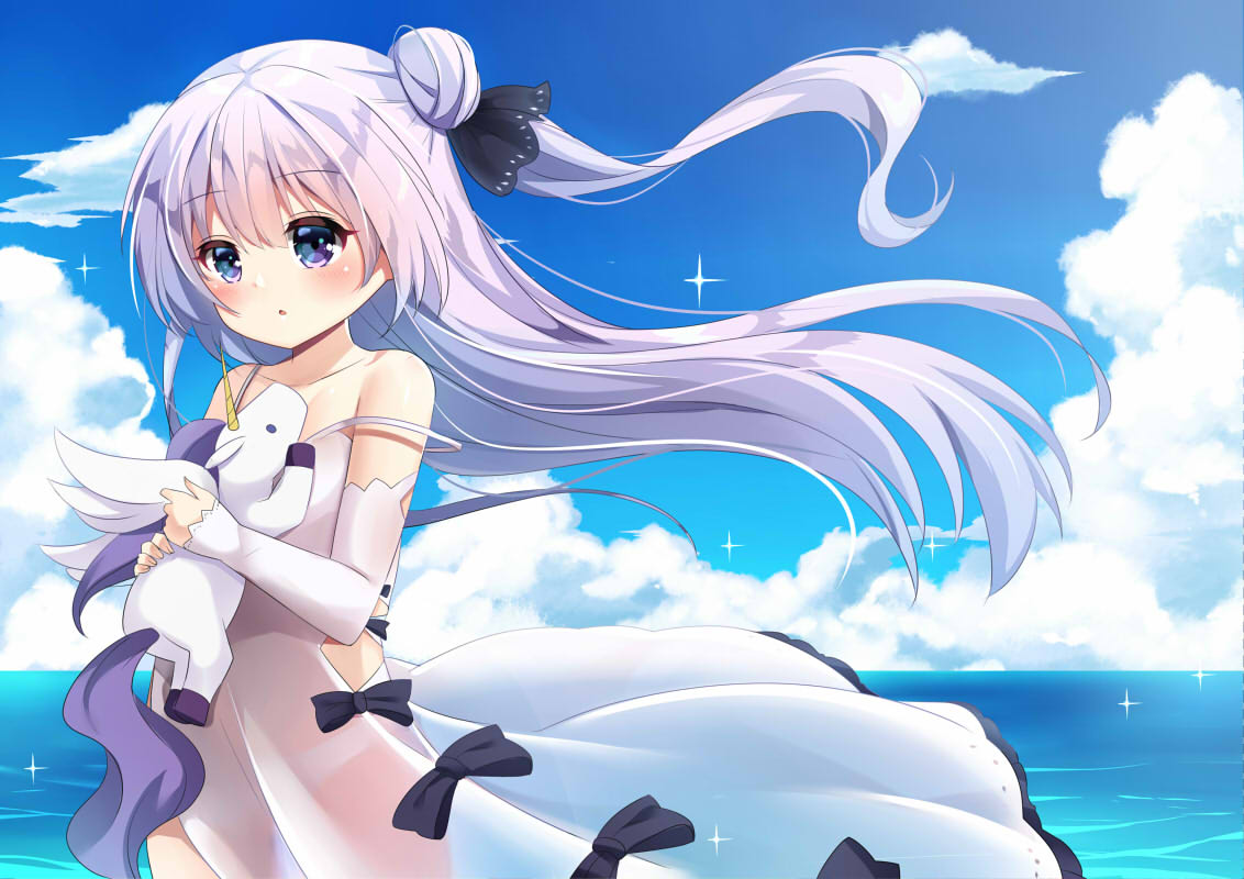 1girl :o agung_syaeful_anwar azur_lane bangs black_bow black_ribbon blue_sky blush bow clouds commentary day detached_sleeves dress eyebrows_visible_through_hair floating_hair hair_between_eyes hair_bun hair_ribbon horizon long_hair long_sleeves looking_at_viewer object_hug ocean one_side_up outdoors panties parted_lips purple_hair ribbon see-through side_bun sky sleeveless sleeveless_dress sleeves_past_wrists solo strap_slip stuffed_alicorn stuffed_animal stuffed_toy underwear unicorn_(azur_lane) very_long_hair violet_eyes water white_dress white_panties white_sleeves