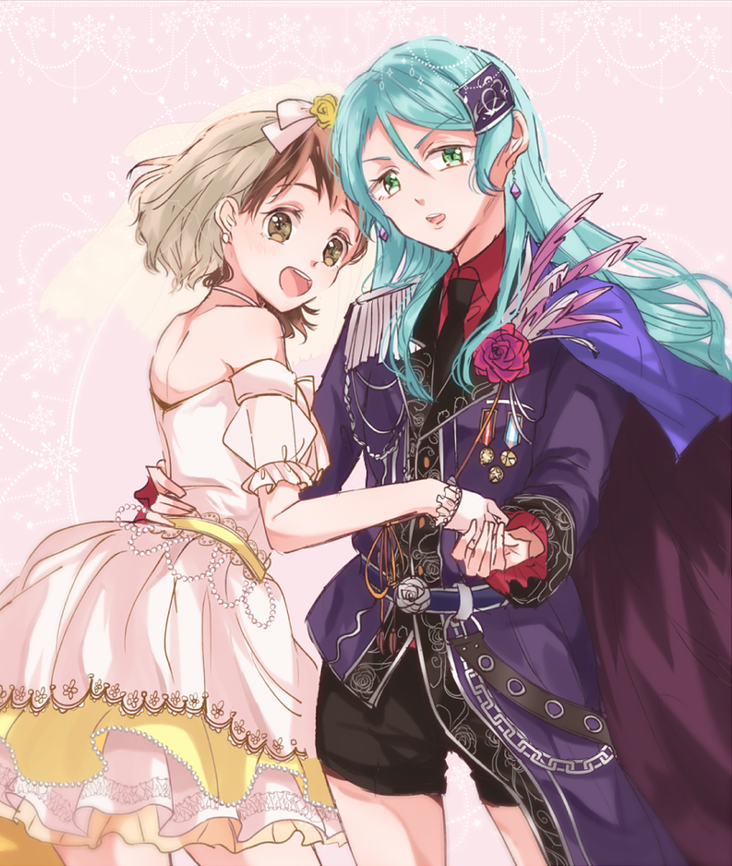 2girls :d aqua_hair arm_around_waist bang_dream! black_neckwear black_shorts boutonniere bow brown_eyes brown_hair cape chain choker dress earrings epaulettes feathers flower frilled_sleeves frills gloves green_eyes hair_bow hair_flower hair_ornament hazawa_tsugumi hikawa_sayo holding_hands jewelry lemon_(lmn826) long_hair long_sleeves looking_at_viewer medal military military_uniform multiple_girls necktie open_mouth pearl_(gemstone) pink_background see-through_sleeves short_hair short_sleeves shorts smile uniform veil white_choker white_gloves yellow_flower yuri