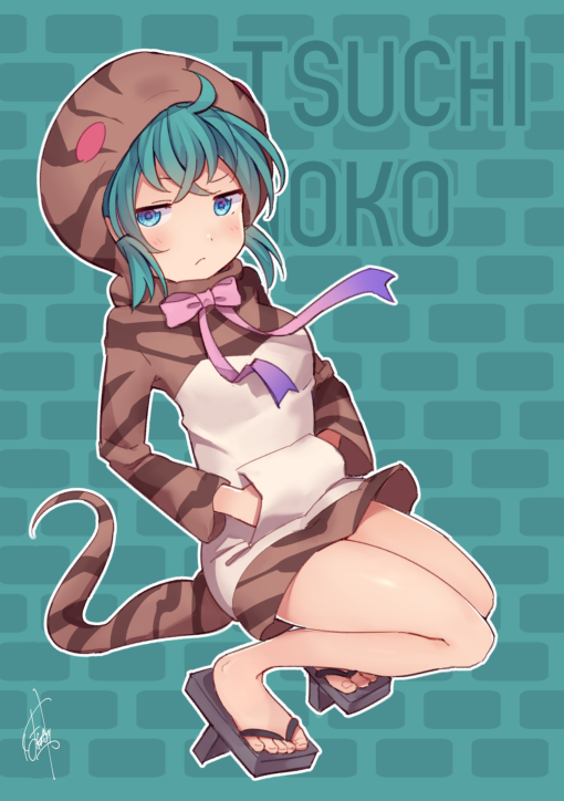 1girl bare_legs blue_eyes blush character_name frown full_body geta green_hair hands_in_pockets hatagaya hood hood_up hoodie kemono_friends long_sleeves looking_at_viewer neck_ribbon outline pink_ribbon ribbon signature snake_tail solo striped_hoodie striped_tail tail tengu-geta tsuchinoko_(kemono_friends) white_outline