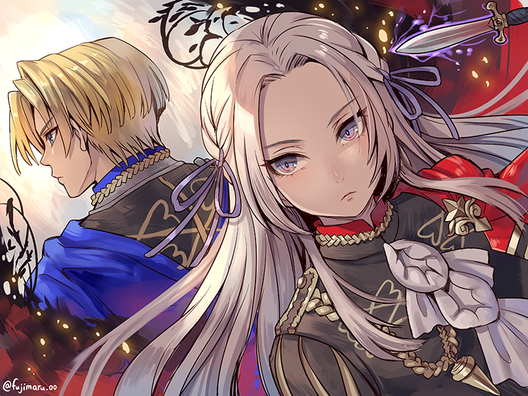 1boy 1girl back-to-back blonde_hair blue_cape blue_eyes cape cravat dagger dimitri_alexandre_bladud edelgard_von_hresvelg fire_emblem fire_emblem:_three_houses fujimaru_(green_sparrow) garreg_mach_monastery_uniform hair_ribbon long_hair looking_away red_cape ribbon serious silver_hair twitter_username uniform upper_body violet_eyes weapon