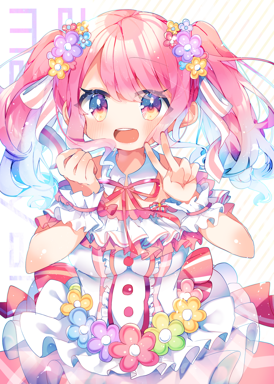 1girl :d back_bow bang_dream! bangs blue_flower blush bow center_frills clenched_hand detached_collar dress flower frilled_dress frills green_flower hair_flower hair_ornament hair_ribbon hands_up highres maruyama_aya neck_ribbon open_mouth orange_flower pink_eyes pink_flower pink_hair purple_flower red_neckwear ribbon sidelocks smile solo striped striped_ribbon twintails v wrist_cuffs yellow_flower yun_(dust-i1)
