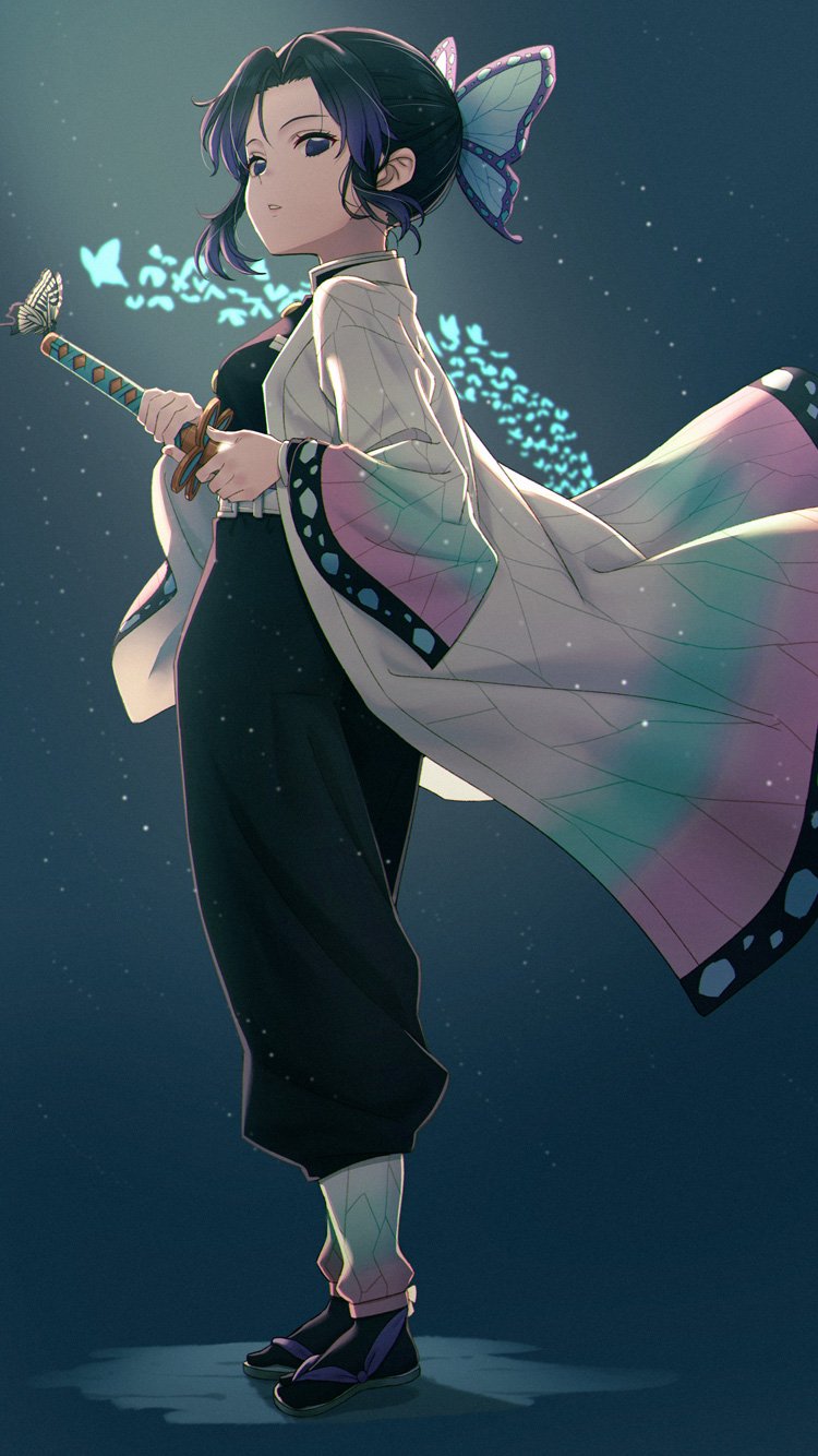 1girl bangs belt black_hair bug butterfly butterfly_hair_ornament hair_ornament haori highres hyuuga_azuri insect japanese_clothes katana kimetsu_no_yaiba kochou_shinobu long_hair long_sleeves looking_at_viewer parted_bangs purple_hair short_hair simple_background solo sword uniform violet_eyes weapon wide_sleeves