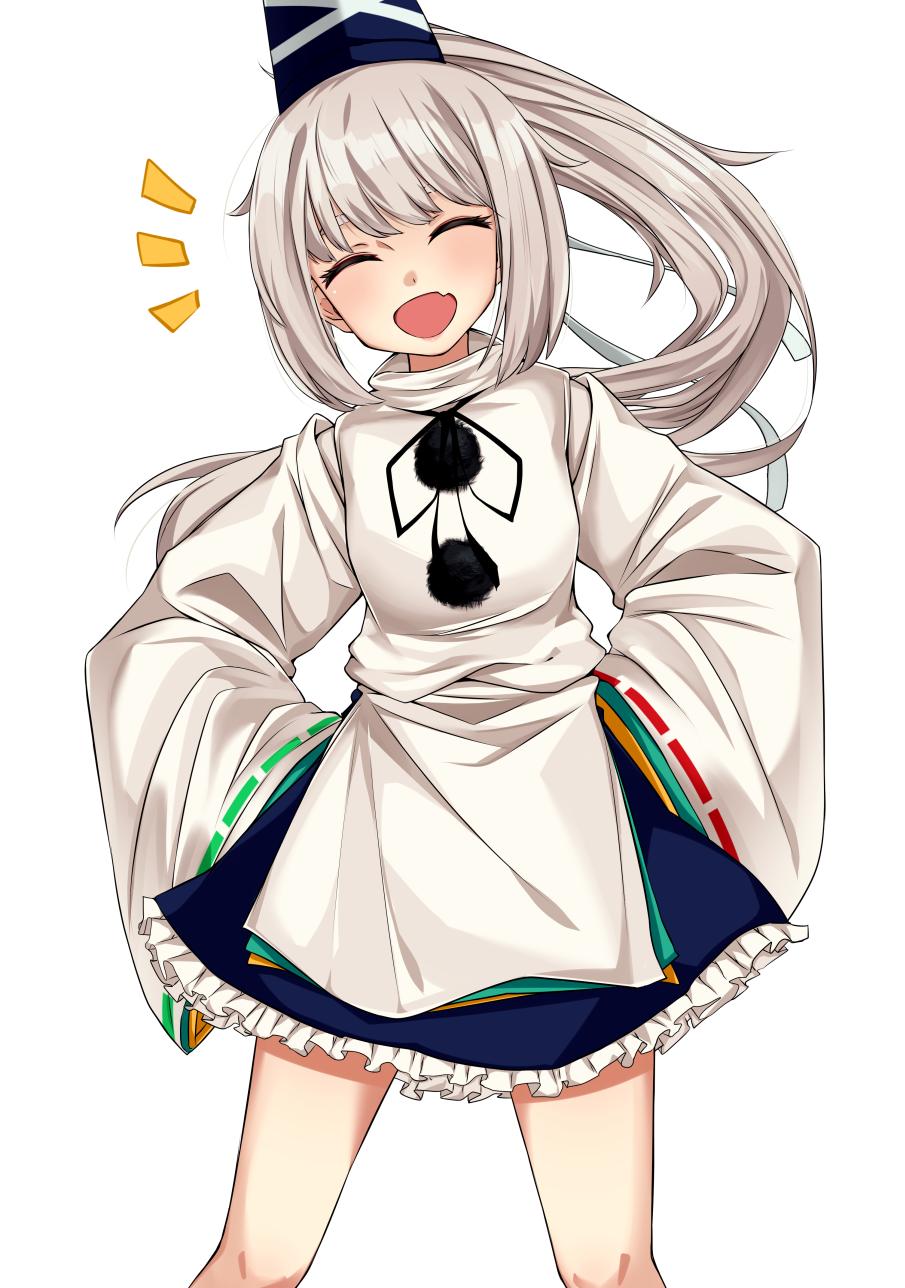 1girl :d ^_^ bangs black_neckwear black_ribbon blouse blue_headwear blue_skirt blush closed_eyes commentary_request facing_viewer fang feet_out_of_frame hands_on_hips hat highres long_hair long_sleeves miniskirt mononobe_no_futo neck_ribbon open_mouth paburisiyasu petticoat pom_pom_(clothes) ponytail ribbon ribbon-trimmed_sleeves ribbon_trim silver_hair simple_background skin_fang skirt smile solo standing tate_eboshi thighs touhou white_background white_blouse white_ribbon wide_sleeves