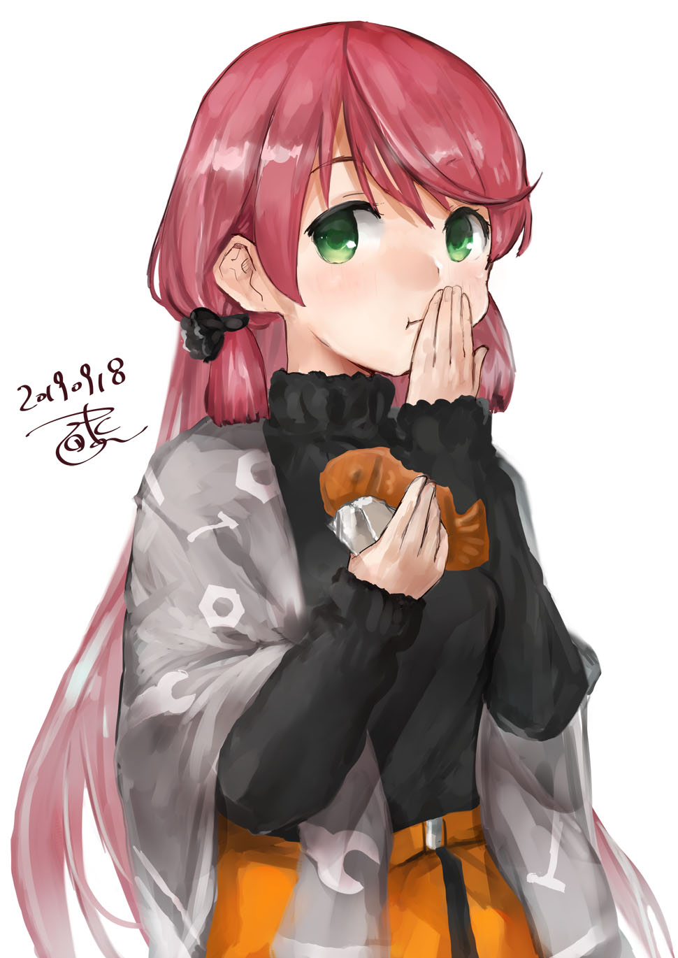 1girl akashi_(kantai_collection) alternate_costume bangs blush covering covering_mouth dated eating food green_eyes hair_ribbon highres kantai_collection long_hair long_sleeves pink_hair ribbon signature simple_background solo sweater taiyaki toka_(marchlizard) tress_ribbon turtleneck turtleneck_sweater wagashi white_background