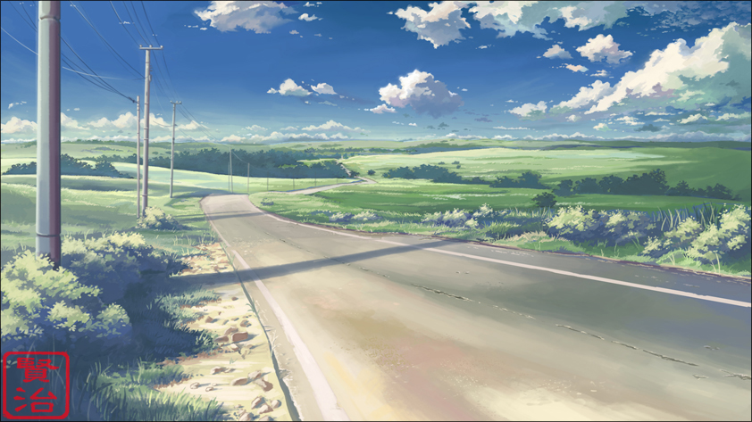 blue_sky clouds cloudy_sky commentary day english_commentary field grass horizon kenji_gonzales landscape no_humans original outdoors parody power_lines road scenery shinkai_makoto_(style) sky style_parody telephone_pole