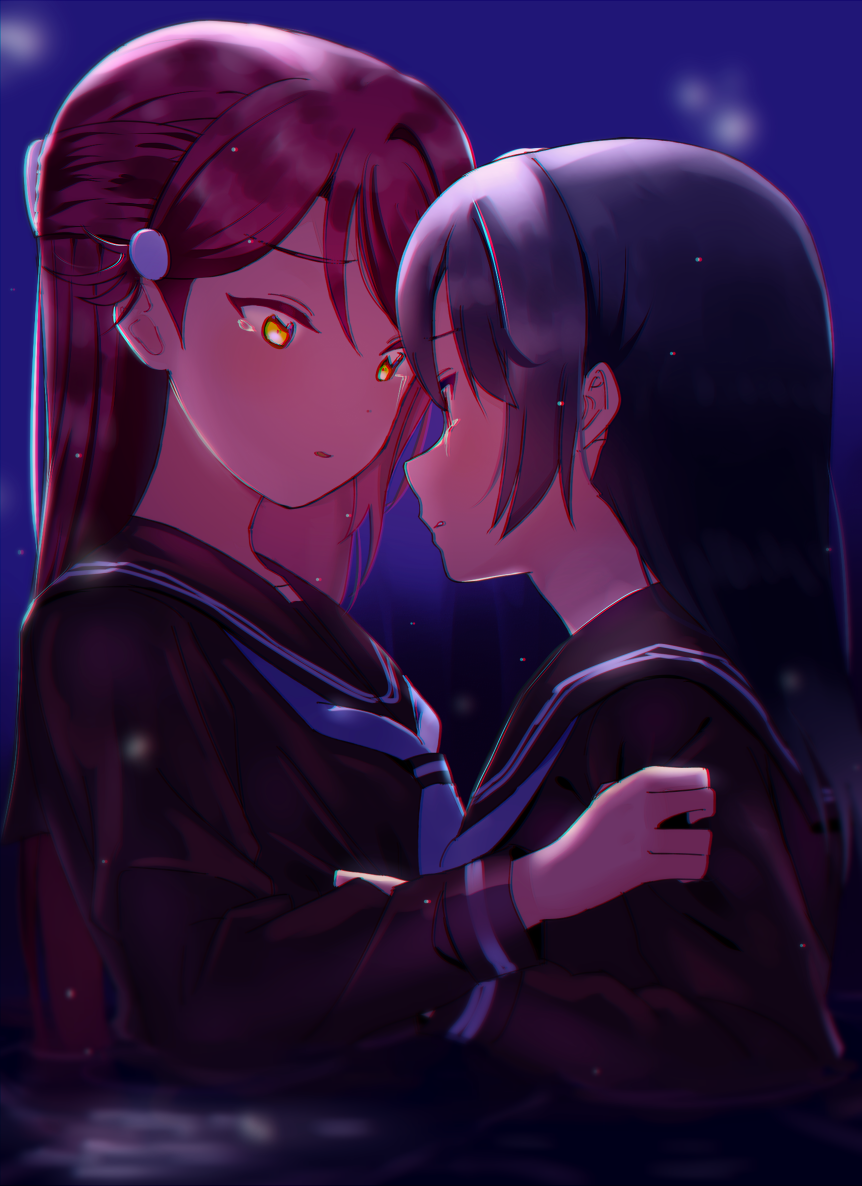 2girls black_serafuku blue_hair chromatic_aberration clenched_teeth crying hair_ornament hairclip half_updo hand_on_another's_chest hand_on_another's_shoulder long_hair long_sleeves looking_at_another love_live! love_live!_sunshine!! multiple_girls neckerchief night outdoors parted_lips redhead sakurauchi_riko school_uniform sellel serafuku teeth tsushima_yoshiko white_neckwear yellow_eyes