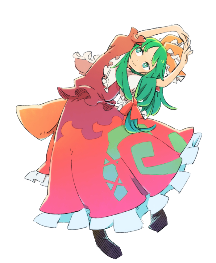 1girl arms_up black_footwear commentary_request frilled_skirt frills front_ponytail green_eyes green_hair hair_ribbon kagiyama_hina leaning_to_the_side long_hair long_skirt red_ribbon red_shirt red_skirt ribbon shirt short_sleeves skirt smile solo touhou ziro_(daydozen)