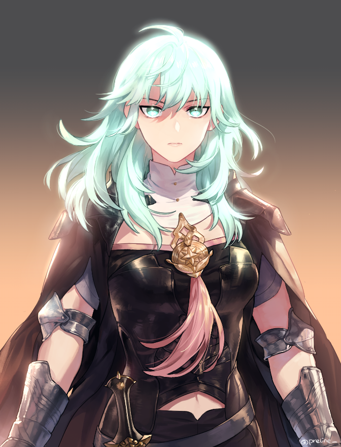 1girl arm_guards armor bangs breasts byleth_(fire_emblem) byleth_eisner_(female) cape closed_mouth fire_emblem fire_emblem:_three_houses garreg_mach_monastery_uniform gauntlets glowing glowing_hair green_eyes green_hair hair_between_eyes large_breasts long_hair looking_at_viewer navel navel_cutout preline