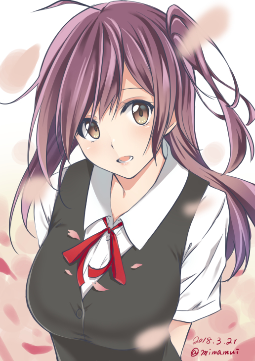1girl ahoge arms_behind_back black_vest blush breasts cherry_blossoms dated hagikaze_(kantai_collection) kantai_collection large_breasts long_hair mimamui neck_ribbon one_side_up open_mouth petals purple_hair red_neckwear red_ribbon ribbon school_uniform shirt short_sleeves solo twitter_username vest white_shirt