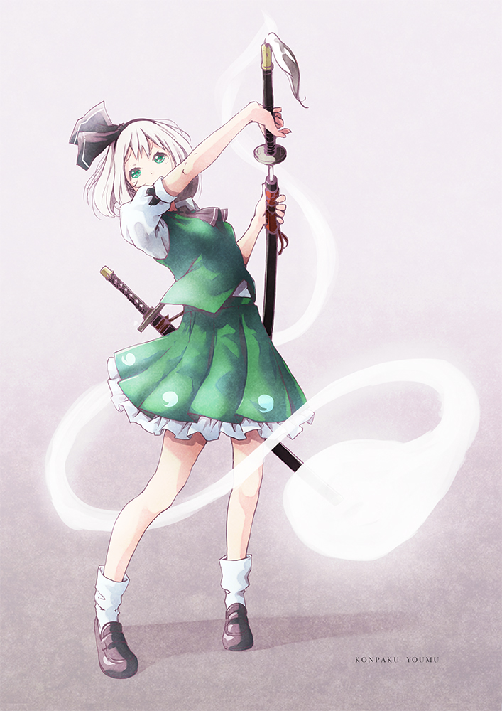 1girl black_bow black_footwear black_ribbon bow character_name commentary green_eyes green_skirt green_vest hair_ribbon holding holding_sword holding_weapon katana konpaku_youmu konpaku_youmu_(ghost) loafers ribbon satyuas sheath shirt shoes short_hair short_sleeves silver_hair simple_background skirt socks sword touhou unsheathing vest weapon white_legwear white_shirt