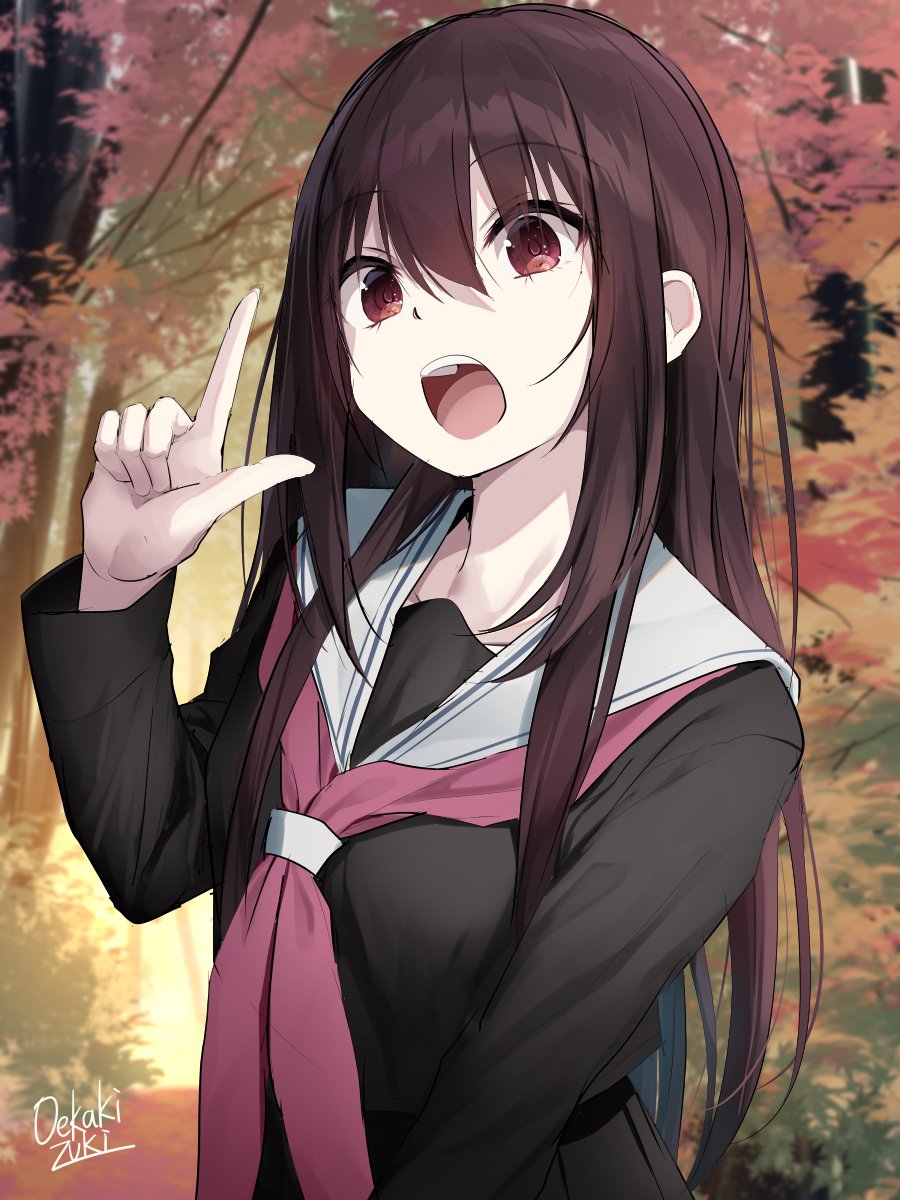 1girl artist_name ascot autumn autumn_leaves bangs black_shirt brown_hair collar collarbone day eyebrows_visible_through_hair eyes_visible_through_hair hair_between_eyes hand_up highres index_finger_raised long_hair long_sleeves looking_at_viewer oekakizuki open_mouth original pleated_skirt red_eyes red_neckwear sailor_collar school_uniform serafuku shirt sidelocks signature skirt solo teeth tongue tree upper_body upper_teeth white_collar