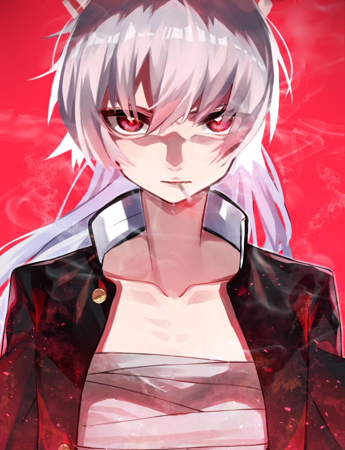 1girl bandages bangs black_jacket bow cigarette collarbone commentary_request embers fujiwara_no_mokou hair_between_eyes hair_bow highres jacket long_hair looking_at_viewer mouth_hold open_clothes open_jacket red_background red_eyes sarashi silver_hair simple_background smoking solo temu_(tem27) touhou upper_body white_bow