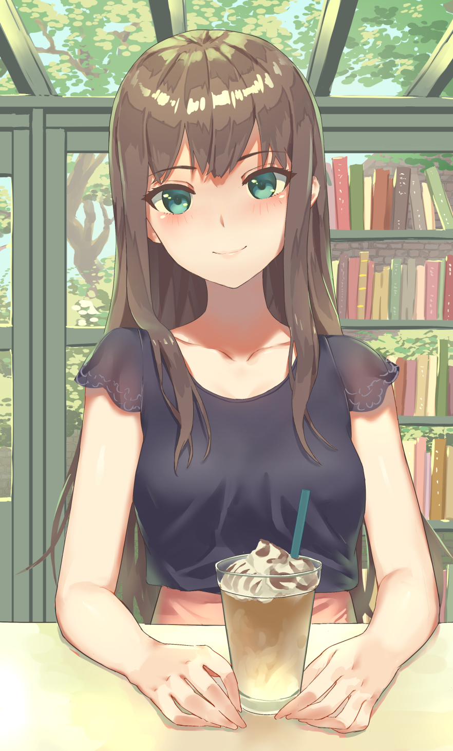 1girl bare_arms black_shirt blush book breasts brown_hair collarbone commentary_request green_eyes highres iced_coffee idolmaster idolmaster_cinderella_girls idolmaster_cinderella_girls_starlight_stage long_hair looking_at_viewer medium_breasts shibuya_rin shirt short_sleeves shoukichi_(shony) sitting smile solo