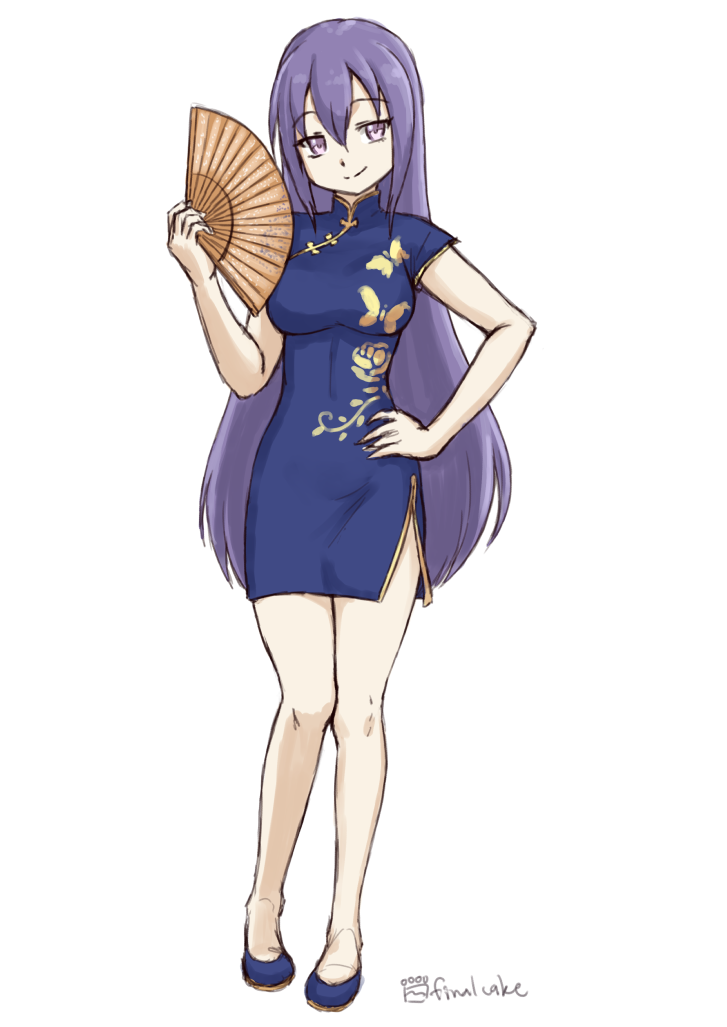 1girl blue_dress blue_footwear blush breasts china_dress chinese_clothes dress eyebrows_visible_through_hair eyes_visible_through_hair fan finalcake full_body gj-bu hair_between_eyes hand_on_hip holding holding_fan long_hair looking_at_viewer medium_breasts navel purple_hair sketch smile solo standing stomach sumeragi_shion thighs very_long_hair violet_eyes