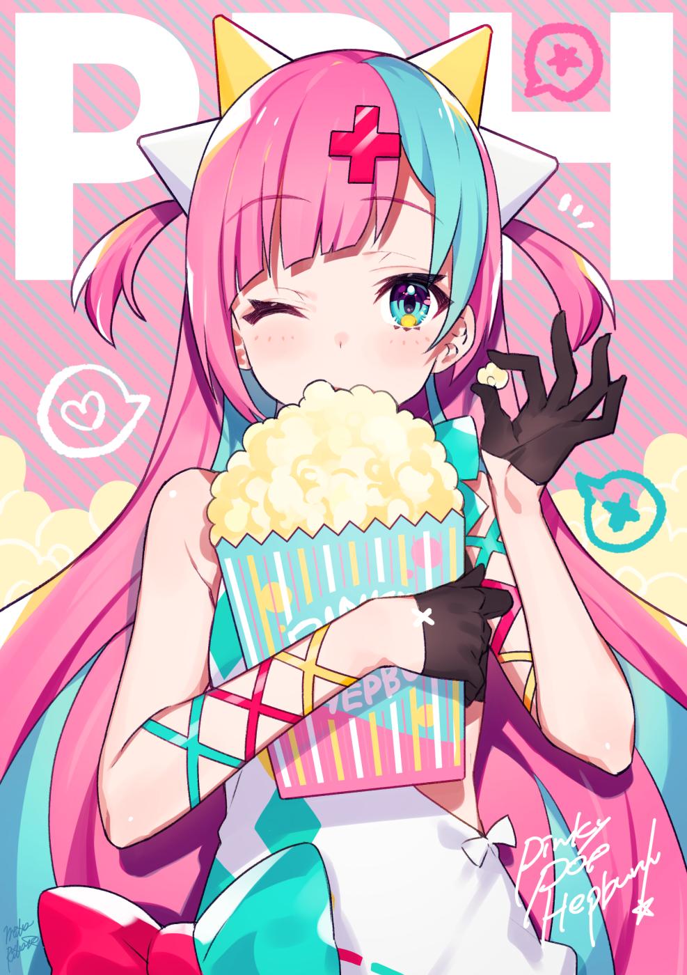 1girl bag bangs bare_shoulders black_gloves blue_hair bow character_name commentary diagonal_bangs dress food gloves hair_ornament half_gloves highres holding holding_bag holding_food long_hair looking_at_viewer mika_pikazo multicolored_hair one_eye_closed pink_hair pinky_pop_hepburn popcorn solo sports_bra striped striped_background the_moon_studio two-tone_hair two_side_up upper_body very_long_hair virtual_youtuber white_dress x_hair_ornament