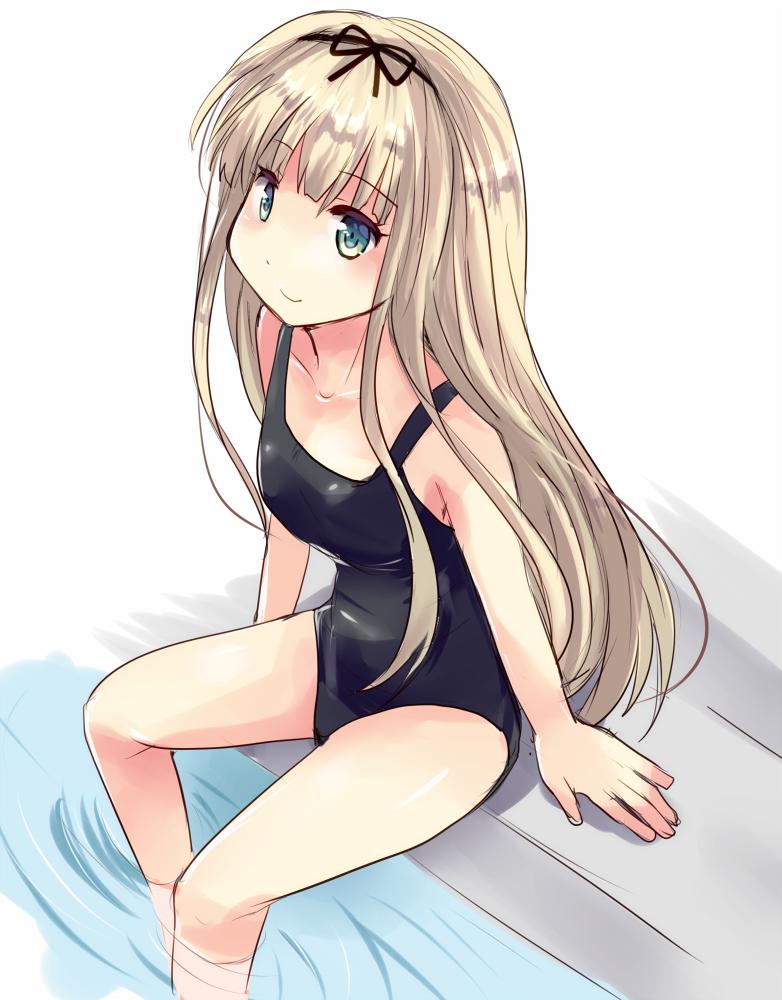 1girl blonde_hair breasts collarbone commentary_request eyebrows_visible_through_hair green_eyes hair_between_eyes hair_ribbon hirune_(konekonelkk) kantai_collection long_hair looking_at_viewer ribbon school_swimsuit simple_background sitting small_breasts smile solo swimsuit wading water yuudachi_(kantai_collection)