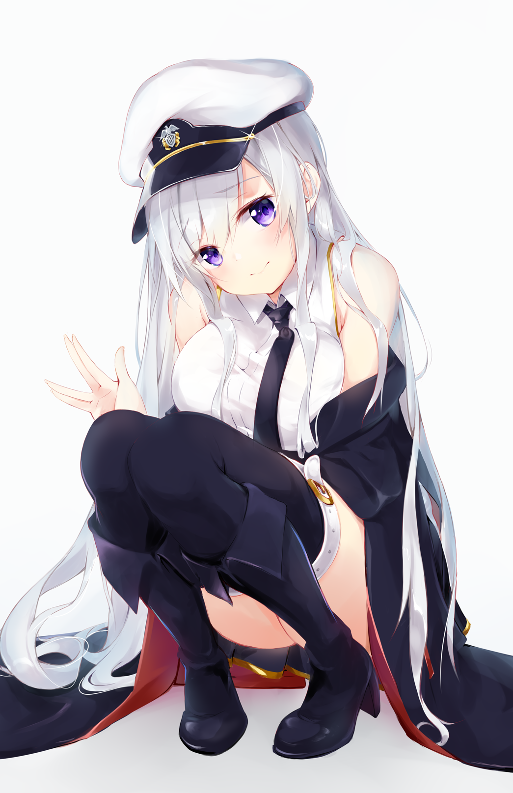 1girl azur_lane bangs bare_shoulders black_neckwear blush breasts closed_mouth enterprise_(azur_lane) eyebrows_visible_through_hair hair_between_eyes hat head_tilt highres large_breasts long_hair looking_at_viewer necktie off_shoulder peaked_cap salute shirt sidelocks silver_hair simple_background sleeveless sleeveless_shirt smile solo squatting t-bth thigh-highs very_long_hair violet_eyes vulcan_salute white_background white_shirt