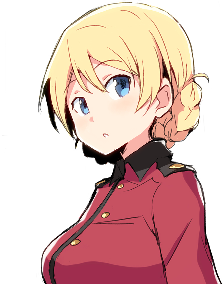 1girl bangs blonde_hair blue_eyes chikuwa_(majihima) coat darjeeling girls_und_panzer looking_to_the_side open_mouth red_coat simple_background solo st._gloriana's_military_uniform white_background