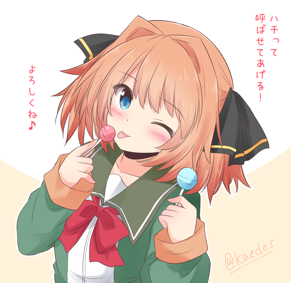 1girl black_ribbon blue_eyes candy food green_jacket green_sailor_collar hachijou_(kantai_collection) hair_ribbon holding_lollipop icesherbet jacket kantai_collection licking lollipop long_sleeves looking_at_viewer neck_ribbon one_eye_closed orange_hair red_ribbon ribbon sailor_collar school_uniform serafuku short_hair solo tongue tongue_out translation_request upper_body