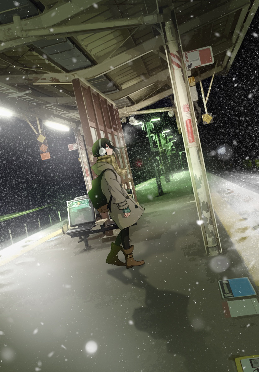 1girl backpack bag black_hair breath commentary earmuffs english_commentary jacket original sakeharasu scarf snowing solo train_station winter winter_clothes