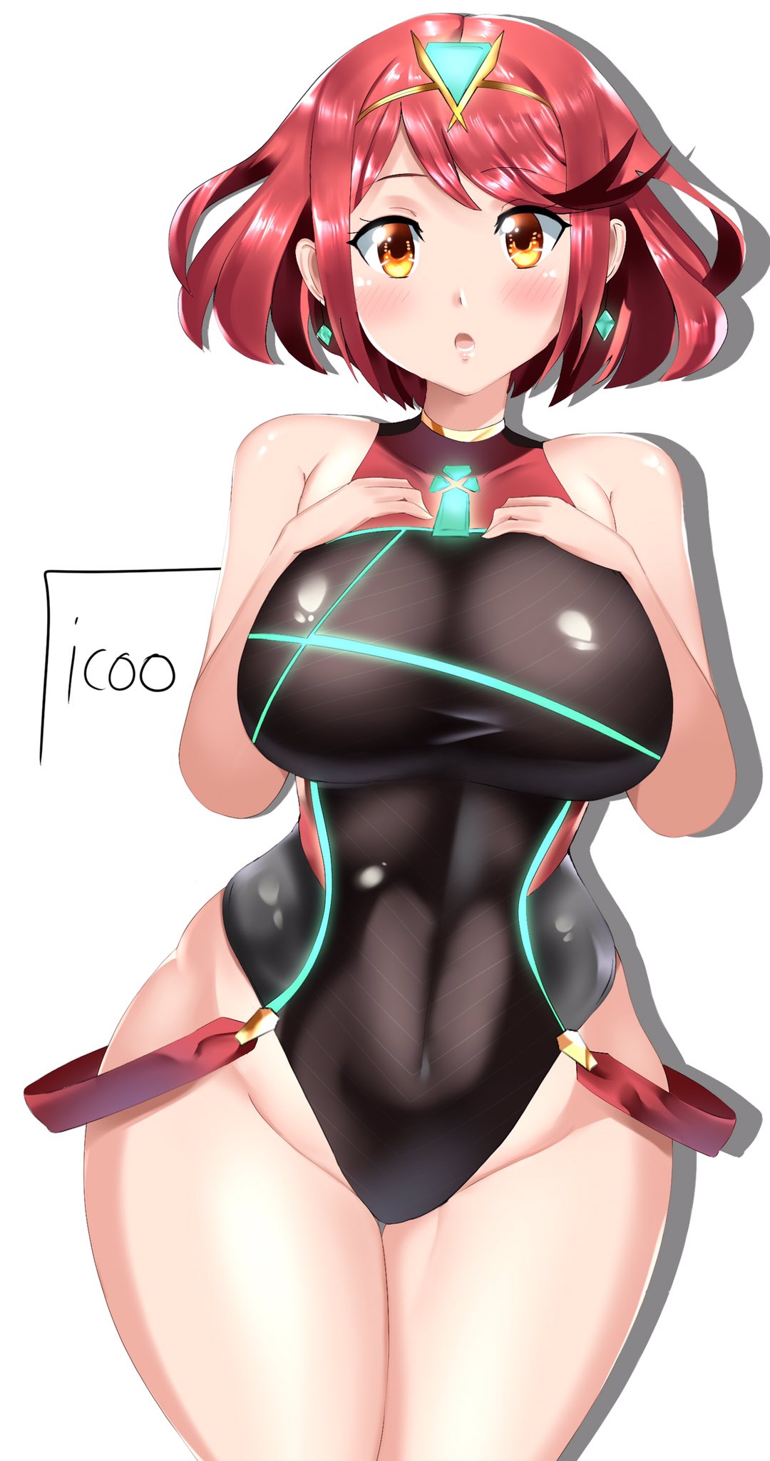 1girl bangs blush bob_cut breasts covered_navel cowboy_shot earrings eyebrows_visible_through_hair gem groin hands_on_own_chest headpiece highres pyra_(xenoblade) huge_breasts icoo jewelry looking_at_viewer open_mouth redhead shadow signature simple_background skindentation solo swept_bangs swimsuit thick_thighs thighs tiara white_background wide_hips xenoblade_(series) xenoblade_2 yellow_eyes