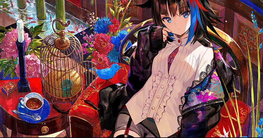 1girl birdcage black_hair black_jacket blue_eyes blue_flower blue_hair cage candle chair closed_mouth coffee commentary_request cropped cup flower from_above fuji_choko garter_straps hair_flaps hand_up jacket long_hair long_sleeves looking_at_viewer multicolored_hair off_shoulder open_clothes open_jacket original plant puffy_sleeves red_flower redhead rose saucer shirt short_shorts shorts sitting solo spoon two-tone_hair white_shirt