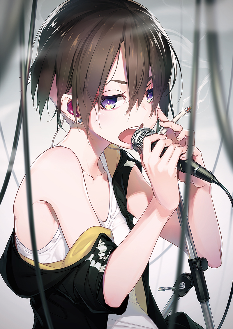 1girl black_jacket breasts brown_hair cable cigarette earrings jacket jewelry looking_at_viewer microphone_stand nilitsu open_mouth original shirt short_hair small_breasts smoke smoking solo tank_top violet_eyes white_shirt
