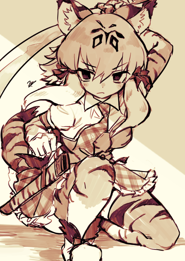 1girl animal_ear_fluff animal_ears animal_print arm_behind_head arm_up bangs elbow_gloves frilled_skirt frills frown full_body gloves hair_between_eyes hair_ribbon hatagaya kemono_friends long_hair looking_at_viewer muted_color necktie one_knee print_gloves print_legwear puffy_short_sleeves puffy_sleeves ribbon scabbard serious sheath short_sleeves sidelocks sketch skirt smilodon_(kemono_friends) solo sword tail thigh-highs tiger_ears tiger_print tiger_tail v-shaped_eyebrows weapon