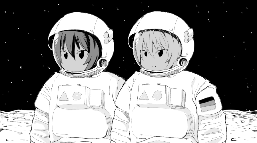 2girls bangs blank_eyes expressionless german_flag girls_und_panzer ground helmet itsumi_erika logo moekichi monochrome multiple_girls nishizumi_maho smile space spacesuit v-shaped_eyebrows