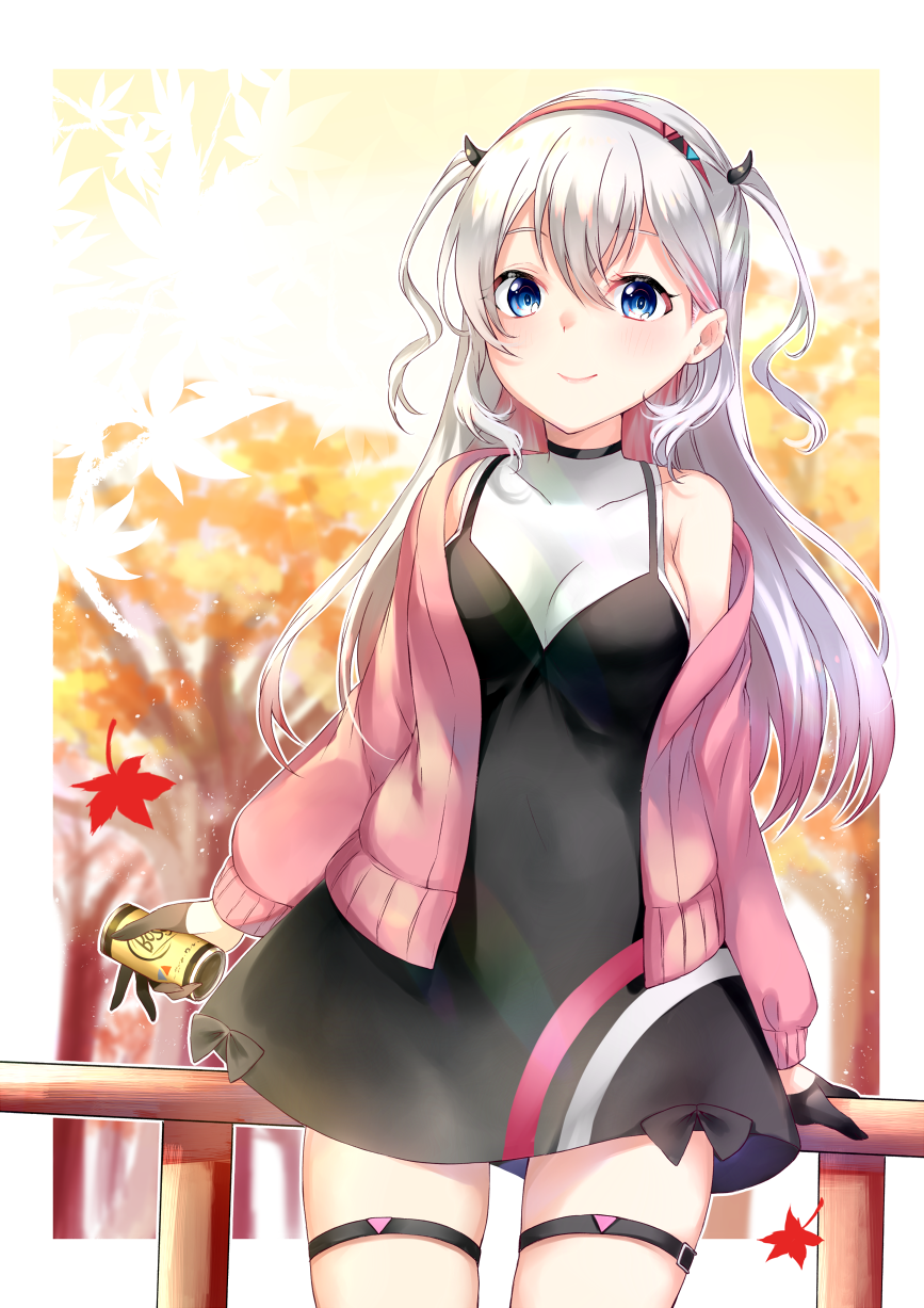 1girl autumn_leaves bangs bare_shoulders black_dress black_gloves blue_eyes blurry blurry_background blush breasts can closed_mouth commentary_request covered_collarbone depth_of_field dress eyebrows_visible_through_hair gloves hair_between_eyes hairband half_gloves highres holding holding_can horns jacket leaf maple_leaf mashiro_aa medium_breasts musubime_yui off_shoulder open_clothes open_jacket pink_jacket railing red_hairband saikyou_virtual_talent_audition shirt silver_hair sleeveless sleeveless_dress smile solo thigh_strap tree virtual_youtuber white_shirt