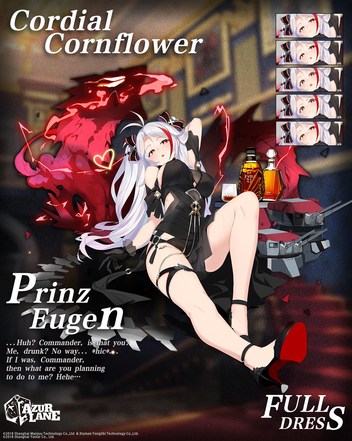 1girl alcohol alternate_costume ankle_strap antenna_hair azur_lane bangs black_bow black_dress black_footwear black_gloves blush bottle bow breasts brown_eyes cannon character_name dress expressions eyebrows_visible_through_hair gloves gold_trim hair_between_eyes hair_bow head_tilt heart high_heels highres large_breasts lightning logo long_hair looking_at_viewer mole mole_on_breast multicolored_hair official_art open_mouth prinz_eugen_(azur_lane) prinz_eugen_(cordial_cornflower)_(azur_lane) realmbw reclining redhead rigging sidelocks silver_hair silver_trim smile solo streaked_hair thighs turret two_side_up very_long_hair watermark