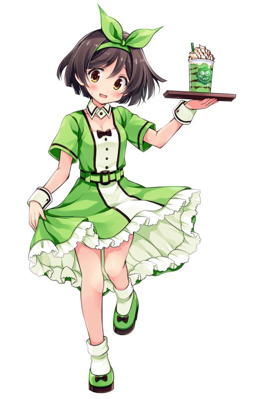 alternate_costume bow brown_hair dessert detached_collar dress dress_lift food green_footwear hairband kantai_collection odawara_hakone short_hair short_sleeves simple_background socks tanikaze_(kantai_collection) waitress wrist_cuffs yellow_eyes